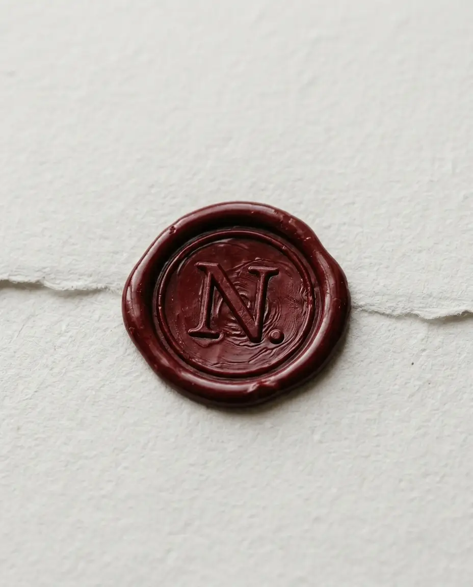 Wine-red wax seal with the N. monogram on paper